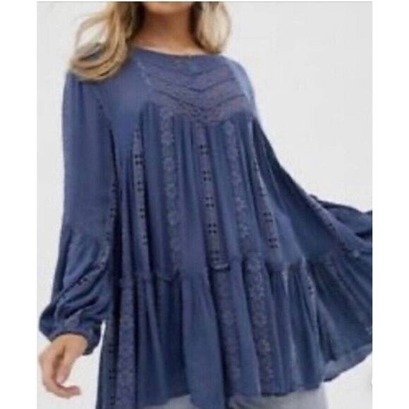 Free People Kiss Kiss Embroidered Lace Tunic Dress Blue Boho Style Size XS - Picture 10 of 10